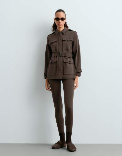OYSHO Long cotton piqué pockets jacket in brown - view 1