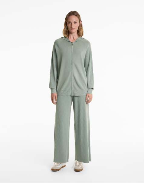 OYSHO Long hooded knit jacket in blue green - view 1