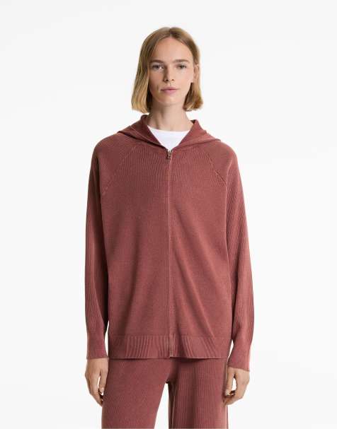 OYSHO Long hooded knit jacket in dark rosette - view 1