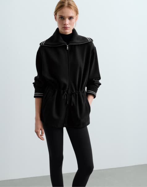 OYSHO Long jacket with modal brushed piping in black - view 1