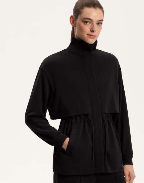 OYSHO Long jacket with soft-touch modal and pockets in black