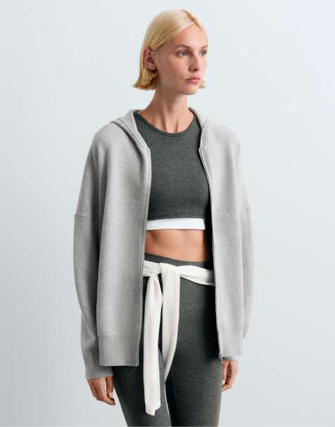 OYSHO Long knit hooded jacket in light grey - view 1