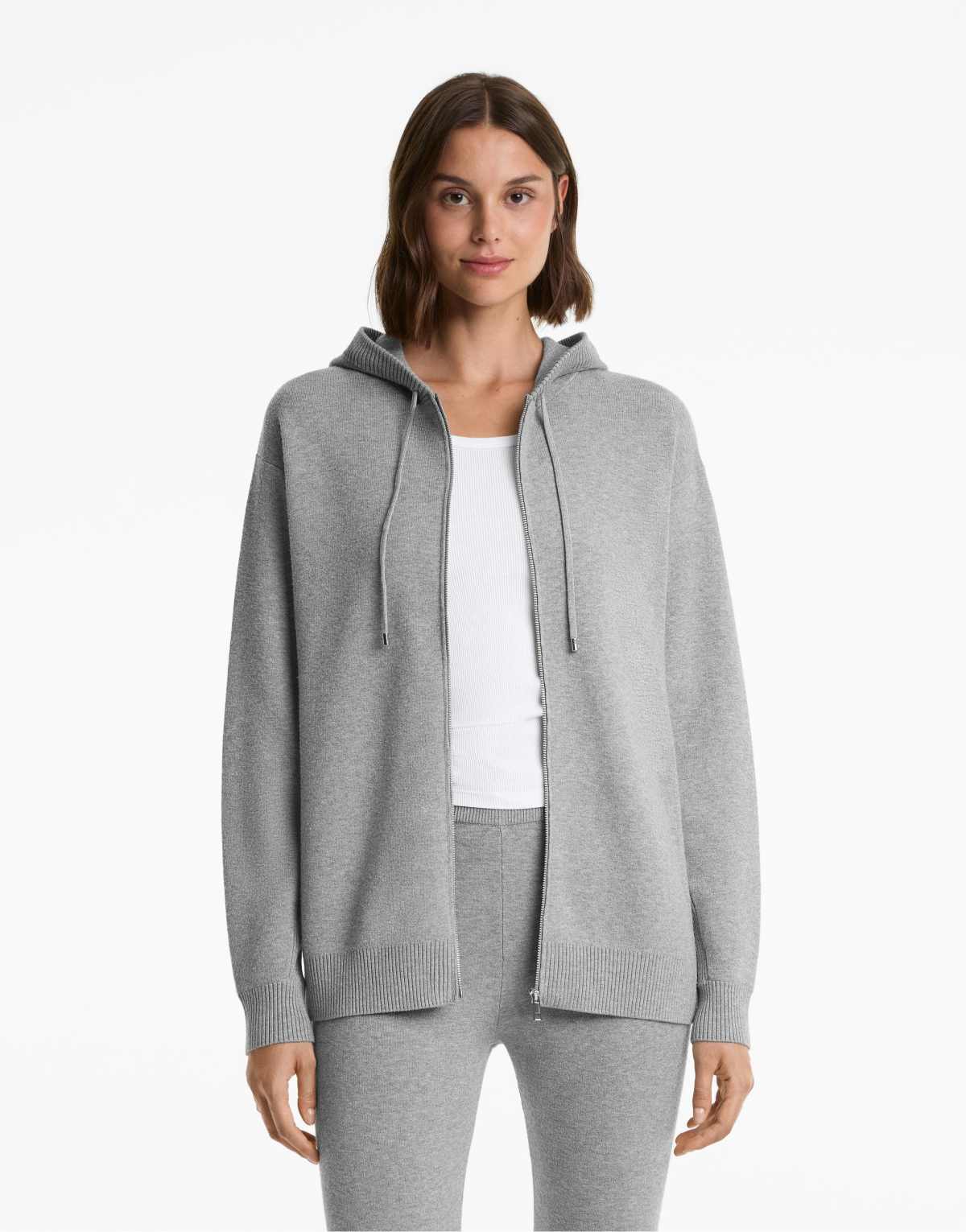 OYSHO Long knit jacket with hood in black