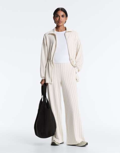 OYSHO Long pinstripe jacket with adjustable waist and soft-touch modal in ecru