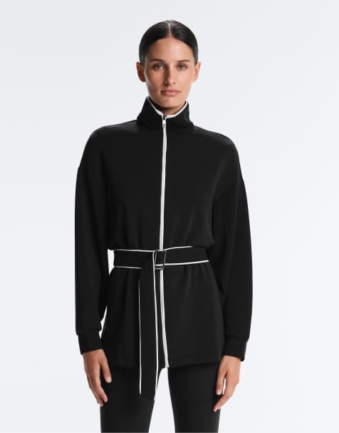 OYSHO Long piping jacket with soft-touch modal in black - view 1