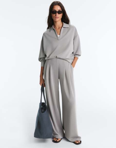 OYSHO Long pleated trousers with soft touch modal in grey - view 1