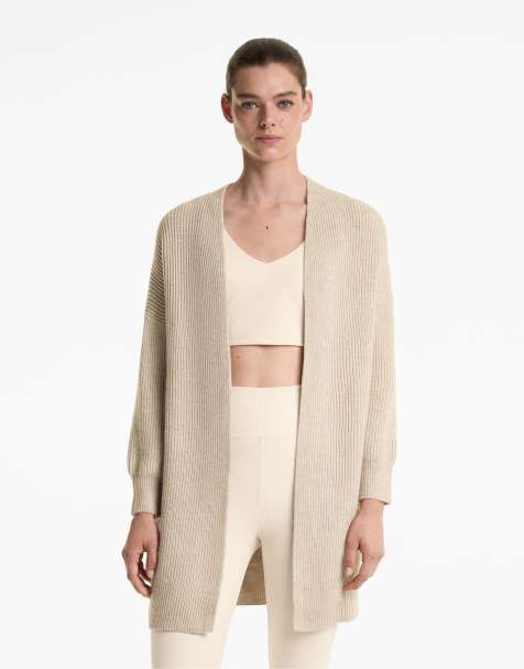 OYSHO Long rib knit cardigan in stone - view 1