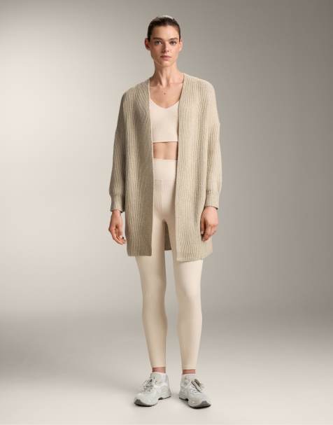OYSHO Long rib knit cardigan in stone