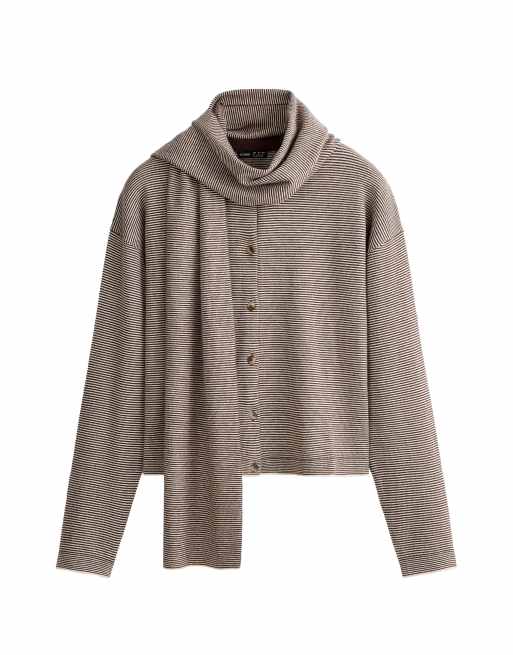 OYSHO Long sleeve cardigan with scarf detail in brown, 6 of 6