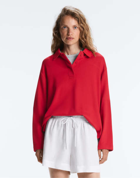 OYSHO Long sleeve pique polo shirt in bright red - view 1