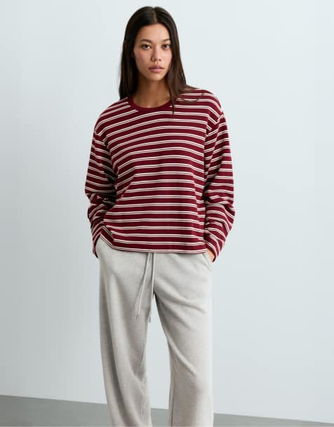 OYSHO Long sleeve relaxed striped t-shirt in burgundy - view 1