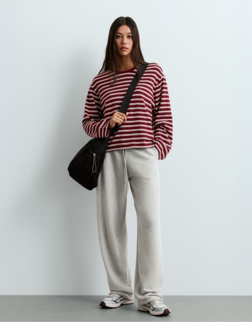 OYSHO Long sleeve relaxed striped t-shirt in burgundy, 2 of 5
