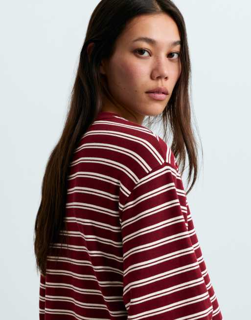 OYSHO Long sleeve relaxed striped t-shirt in burgundy, 3 of 5