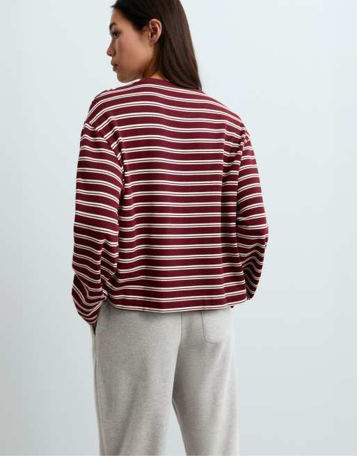 OYSHO Long sleeve relaxed striped t-shirt in burgundy, 4 of 5