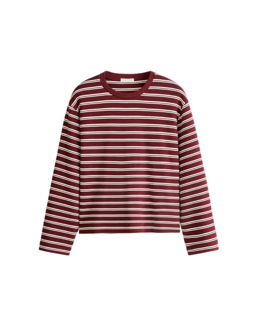 OYSHO Long sleeve relaxed striped t-shirt in burgundy, 5 of 5