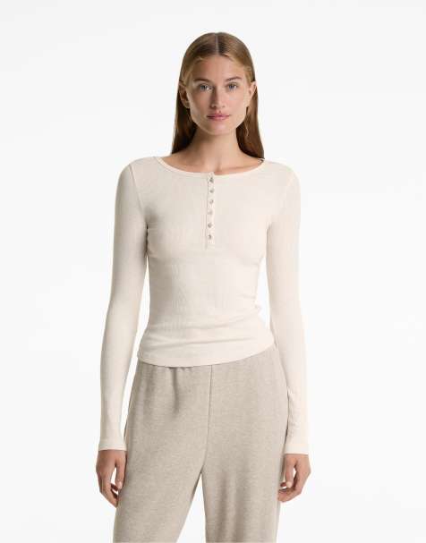 OYSHO Long-sleeved buttoned rib top with cotton and modal in sand melange - view 1