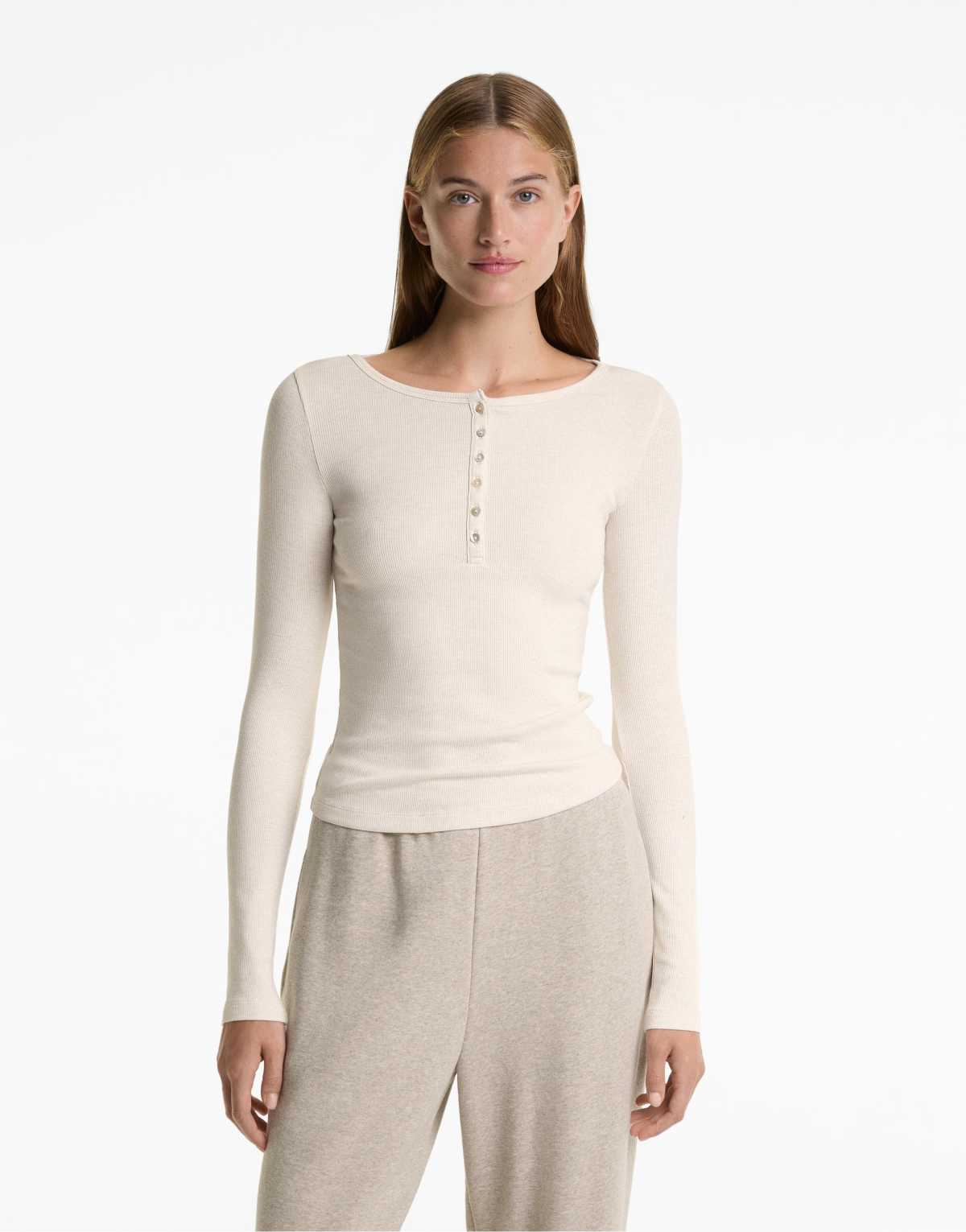 OYSHO Long-sleeved buttoned rib top with cotton and modal in sand melange