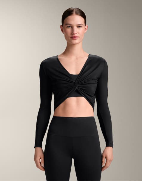 OYSHO Long-sleeved knotted lyocell blend t-shirt in black - view 1