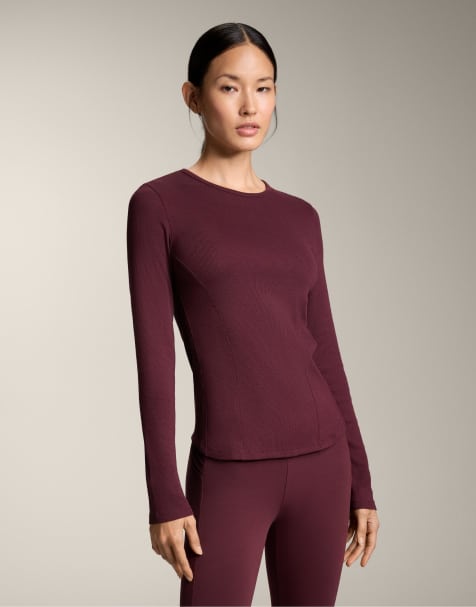 OYSHO Long-sleeved rib t-shirt with cotton and modal in dark maroon - view 1