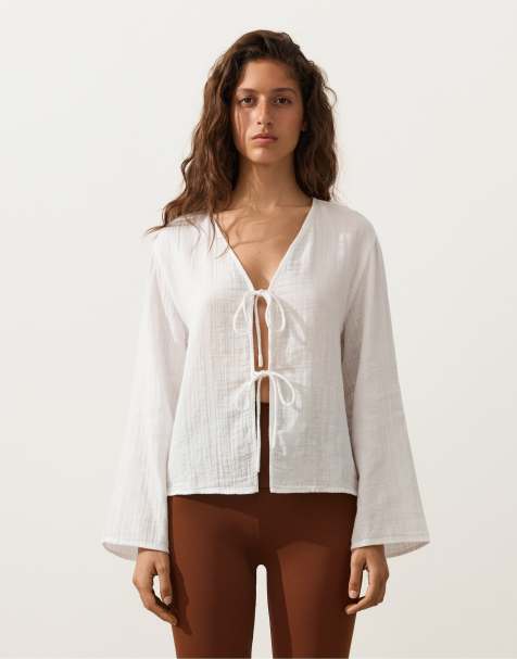 OYSHO Long-sleeved shirt with ties 100% cotton in off-white - view 1