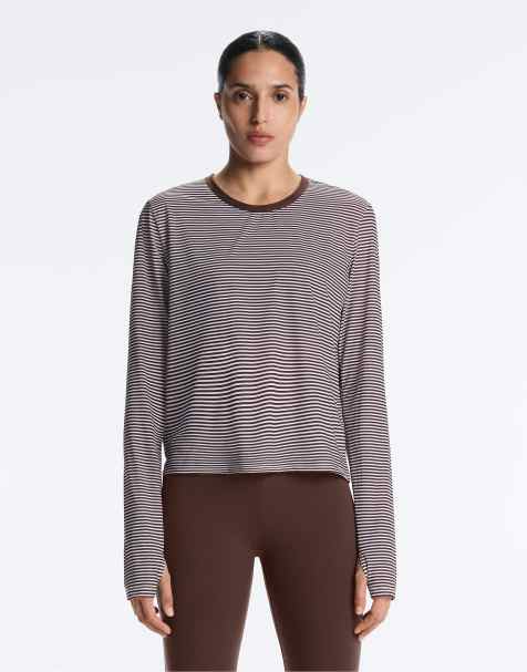 OYSHO Long-sleeved striped technical t-shirt in dark brown - view 1