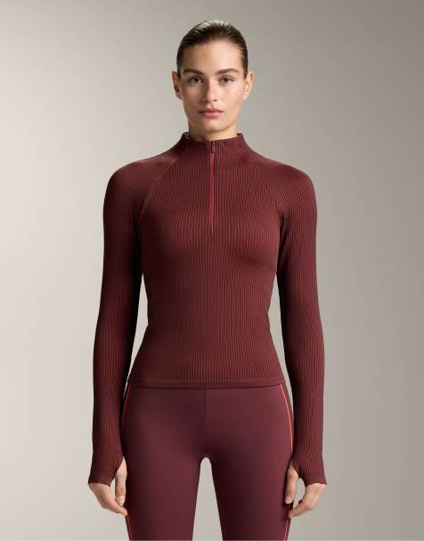 OYSHO Long-sleeved technical t-shirt in maroon - view 1