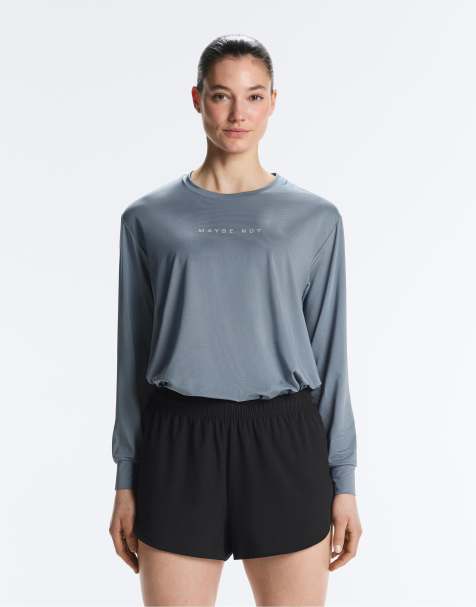 OYSHO Long-sleeved technical t-shirt with text in mid grey-blue - view 1