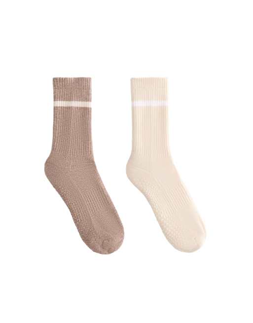 Oysho - Lot de 2 paires de chaussettes de yoga et pilates classiques en coton mélangé - Fauve chiné