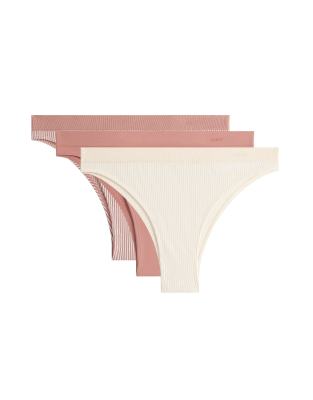 Lot de 3 culottes brésiliennes rayées sans coutures douces au toucher - Rose XS