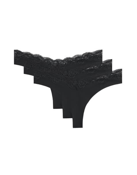 OYSHO lot de 3 strings en mélange de polyamide, dentelle découpée au laser, décolleté en V, noir - view 1