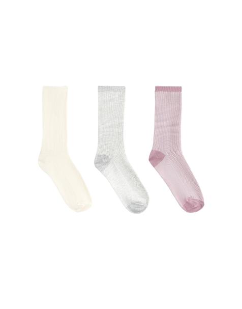 Oysho - Lot de 3 paires de chaussettes classiques en coton texturé - Rose-mauve - view 1