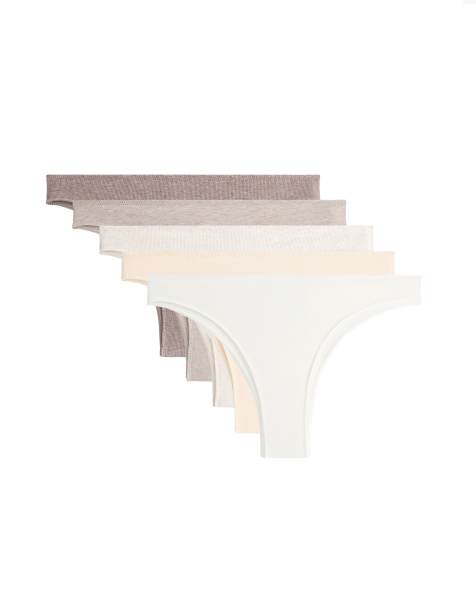 OYSHO - Lot de 5 culottes brésiliennes côtelées en coton mélangé - Marron - view 1