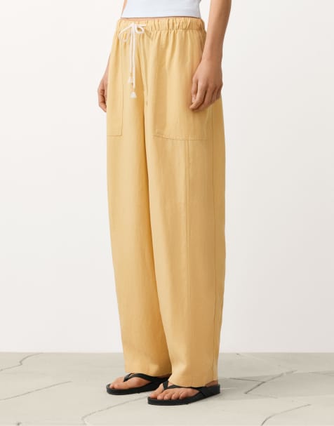 OYSHO Lyocell blend and 24% linen straight trousers in yellow - view 1