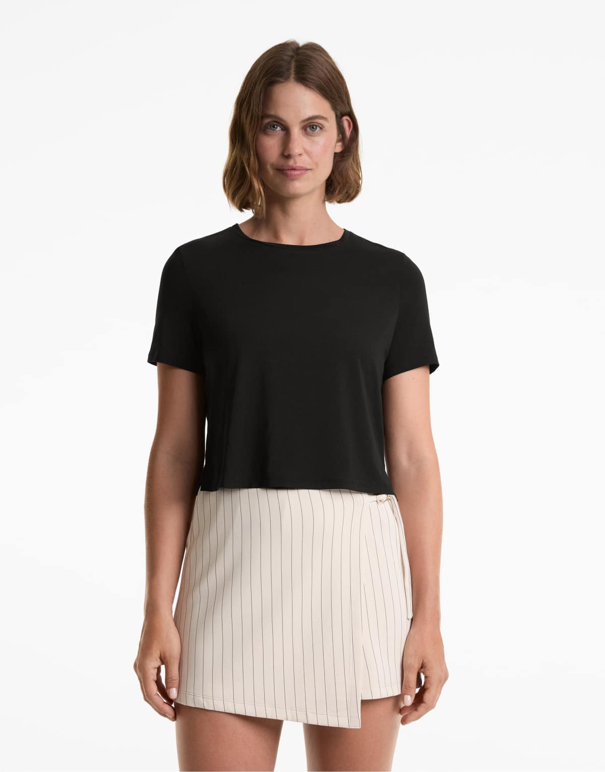 OYSHO Lyocell blend short-sleeved crop t-shirt in black
