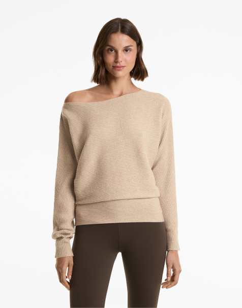 OYSHO - Lys gyldenbrun ribstrikket offshoulder-trøje - view 1