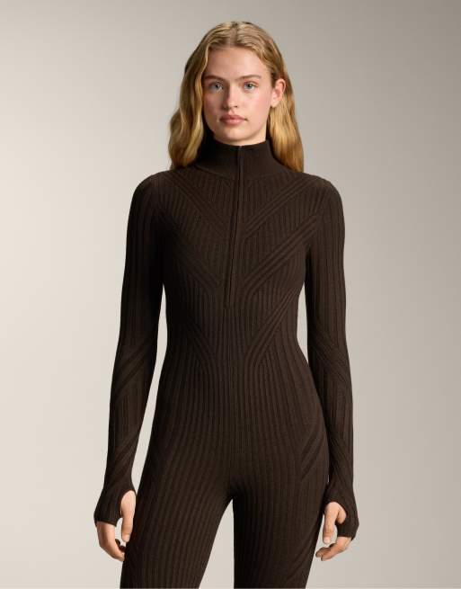 OYSHO - Lysebrun ribstrik termisk ski-jumpsuit