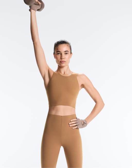 OYSHO - Lysebrune ankellange leggings med kompression og kernekontrol, 6 af 7