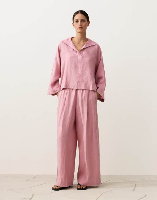 OYSHO - Lyserød oversized poloskjorte i 100% hør med lange ærmer, 2 af 4