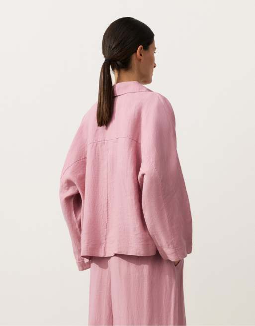 OYSHO - Lyserød oversized poloskjorte i 100% hør med lange ærmer, 3 af 4