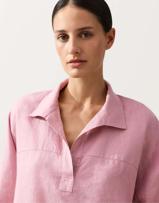 OYSHO - Lyserød oversized poloskjorte i 100% hør med lange ærmer, 4 af 4
