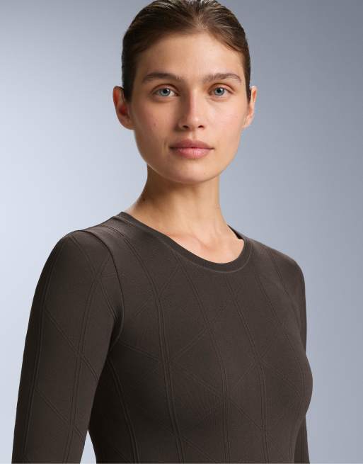 OYSHO - Maglietta base layer termica marrone chiaro jacquard senza cuciture, 4 di 4