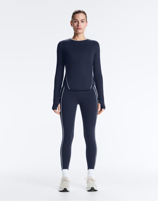 OYSHO - Maglietta tecnica a maniche lunghe blu navy con profili a contrasto, 4 di 4