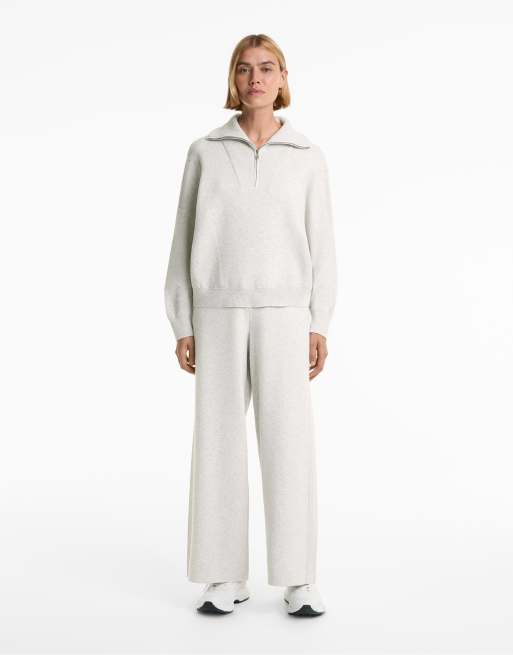 OYSHO - Maglione a coste color grigio pallido mélange con zip corta