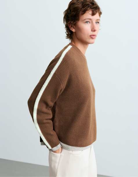 OYSHO maglione in maglia 20% lana con profili marroni - view 1