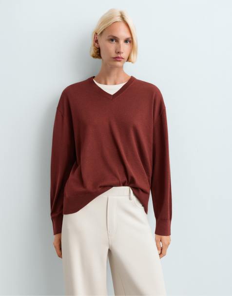 OYSHO maglione in maglia con scollo a V in lana 100% marrone - view 1