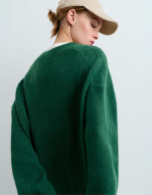 OYSHO maglione in maglia girocollo verde scuro, 3 di 6