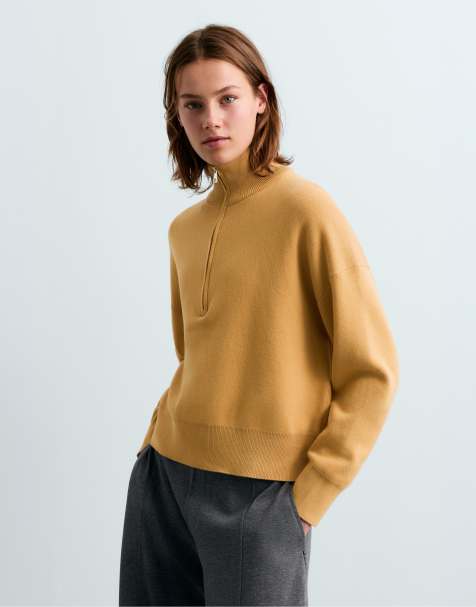 OYSHO maglione in maglia misto cotone con mezza zip color ocra - view 1