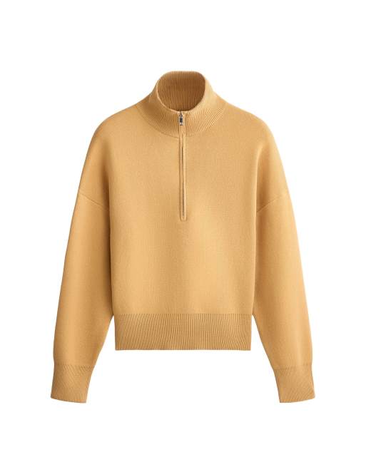 OYSHO maglione in maglia misto cotone con mezza zip color ocra, 6 di 6