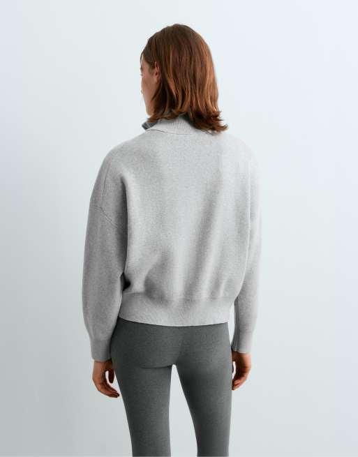 OYSHO maglione in maglia misto cotone con mezza zip grigio chiaro, 4 di 5