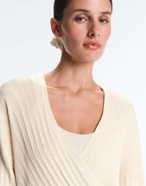 OYSHO - Maglione incrociato a coste color panna, 4 di 4